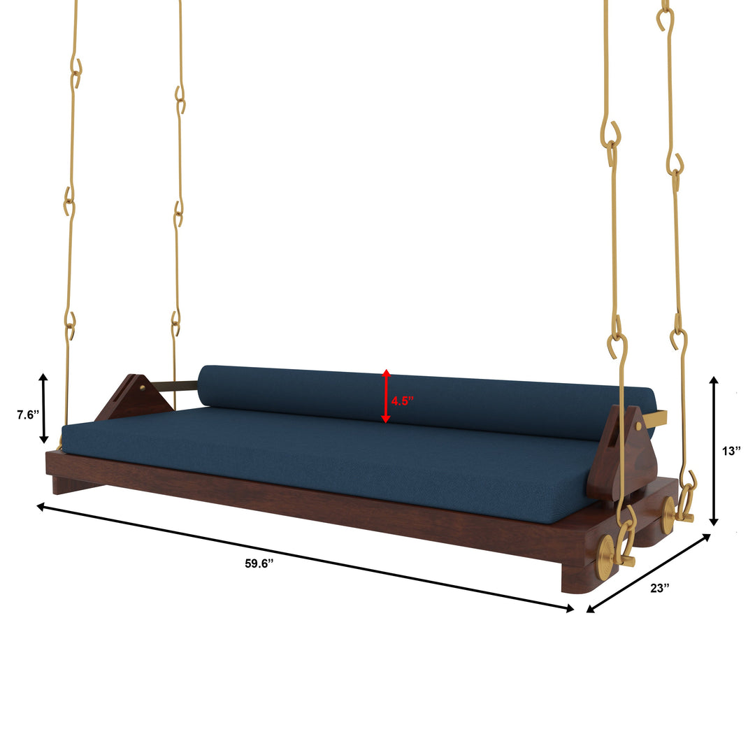 Avika Minimalist Wooden Swing with Blue Cushions – Perfect Under Stair Jhula for Modern Interiors