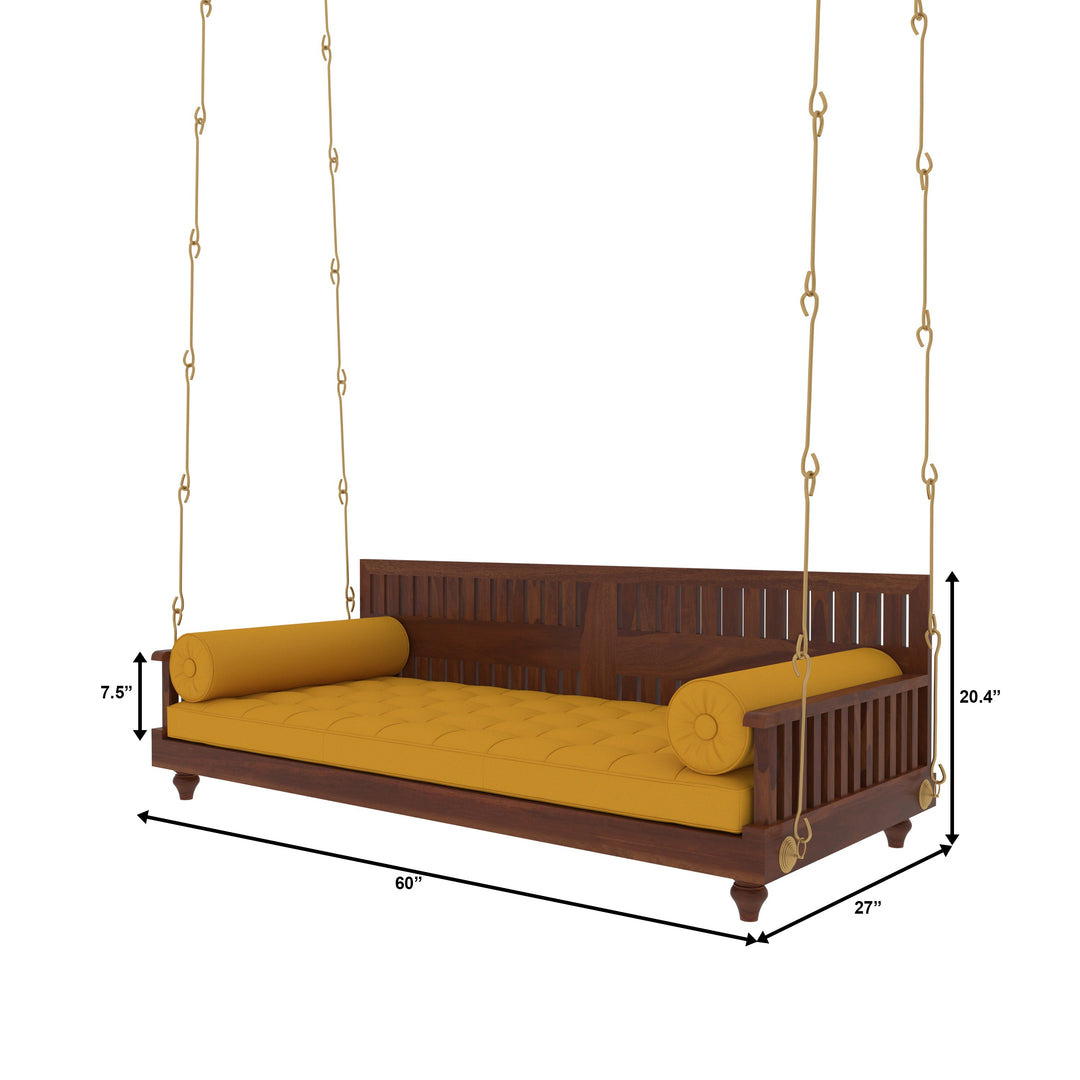 Avni Elegant Wooden Swing with Slatted Backrest and Plush Yellow Cushion – Indoor Jhula for Modern Homes