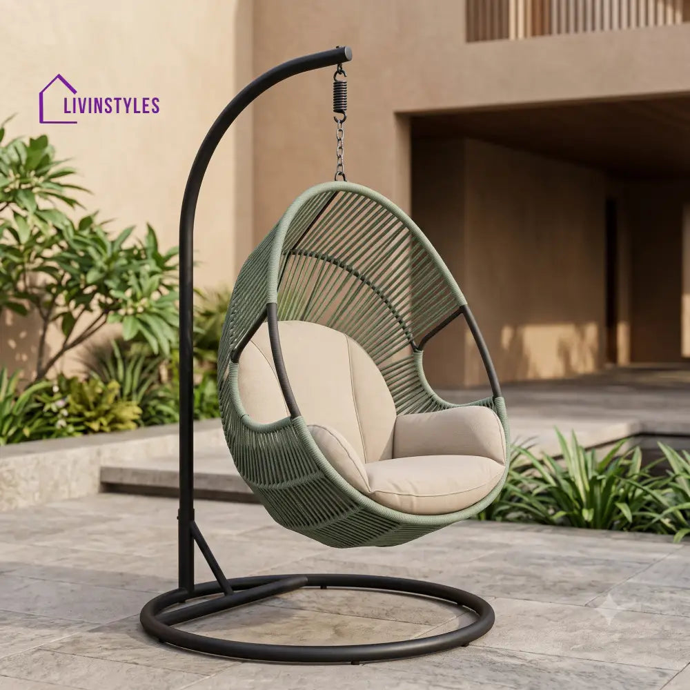Metal Frame Hanging Swing Chair With Stand And Rope Woven Seat