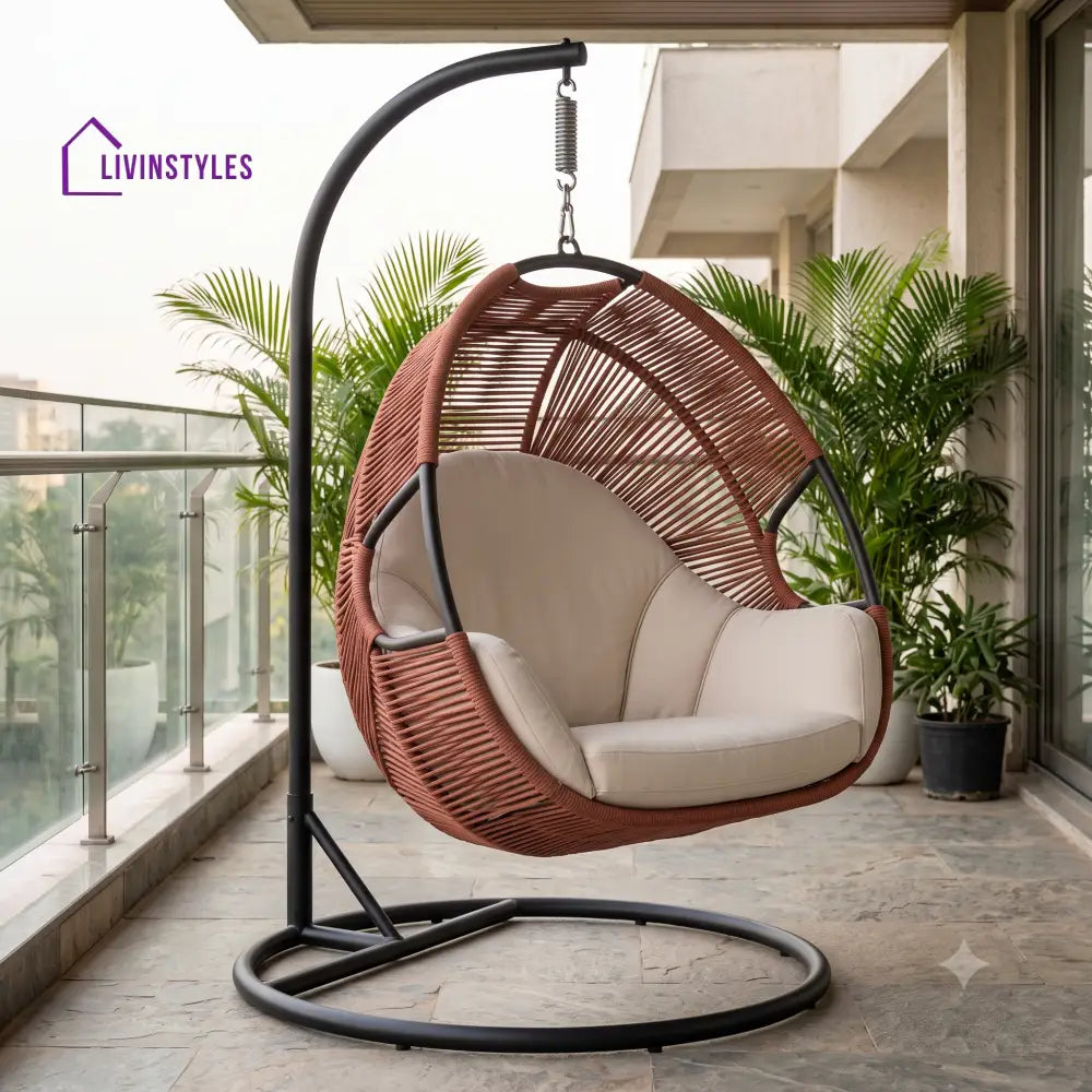 Metal Frame Hanging Swing Chair With Stand and Rope Woven Seat