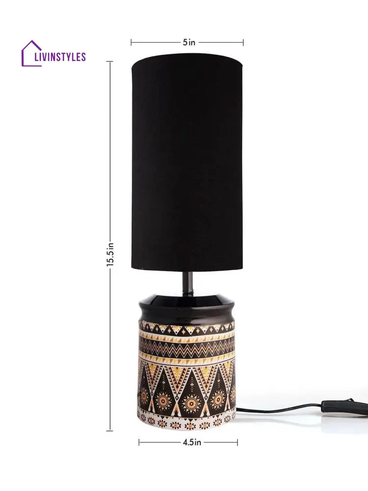 Metal Linear Art Printed Lamp With Solid Black Shade Table