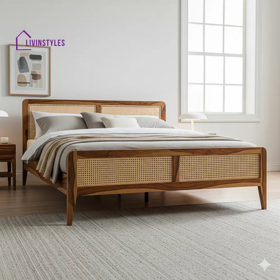 Metali Sheesham Wood & Cane Bed – Honey Finish