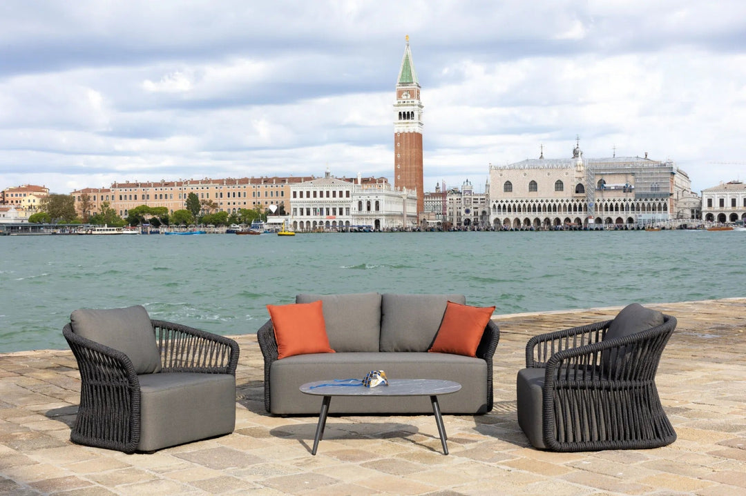 Dayo Outdoor Garden Balcony Sofa Set 2 Seater , 2 Single Seater 1 Center Table Set Braid & Rope (Dark Grey)