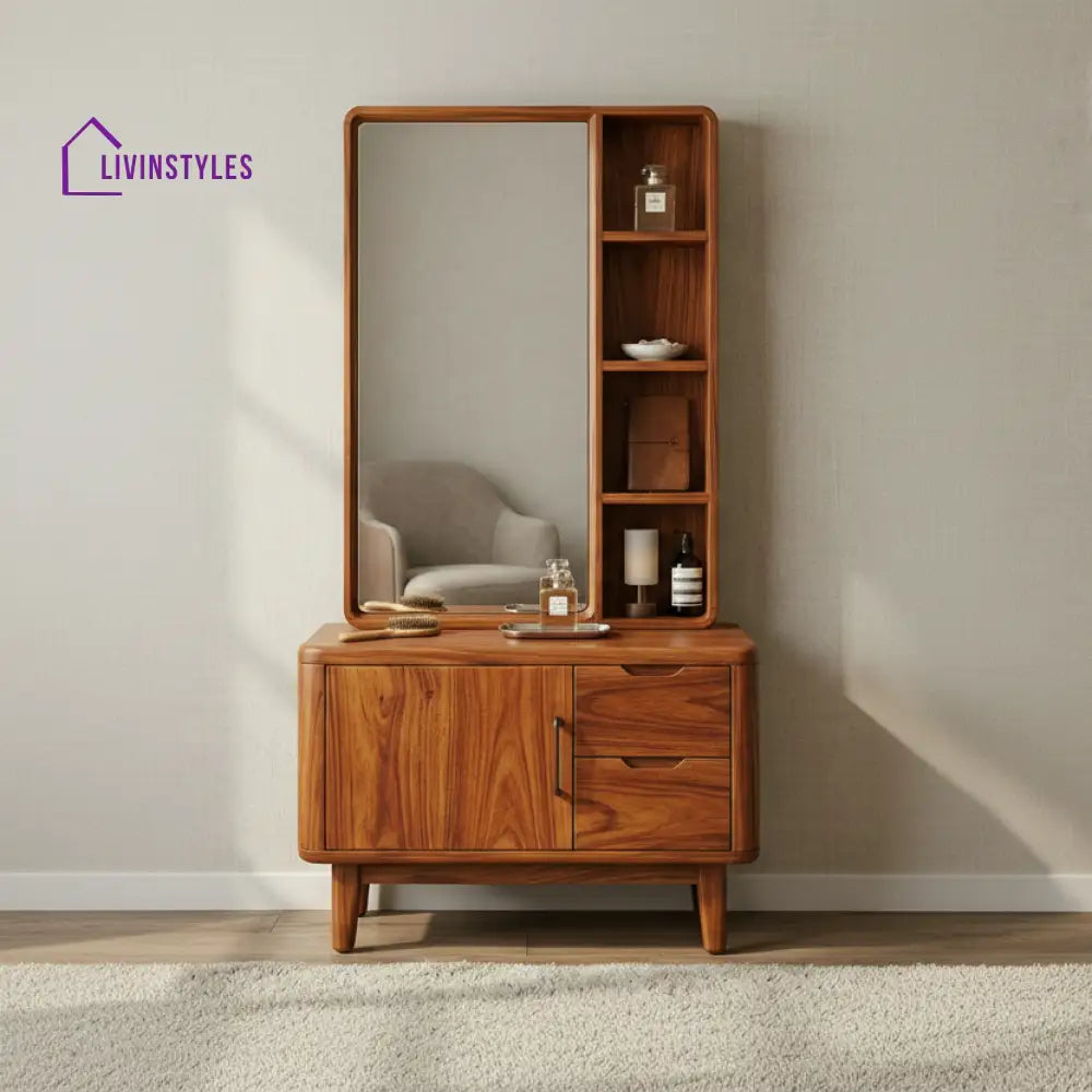 Mia Sheesham Wood Dressing Table with Mirror and Storage (Honey Finish)