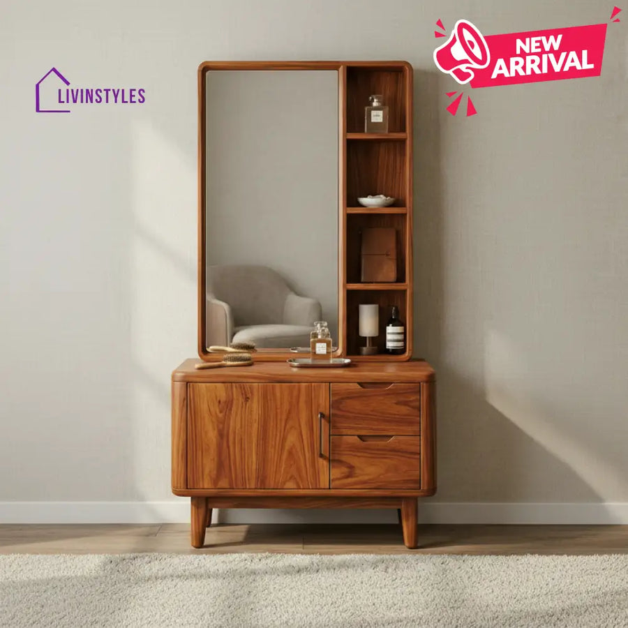 Mia Sheesham Wood Dressing Table with Mirror and Storage (Honey Finish)