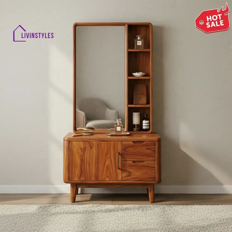 Mia Sheesham Wood Dressing Table with Mirror and Storage (Honey Finish)