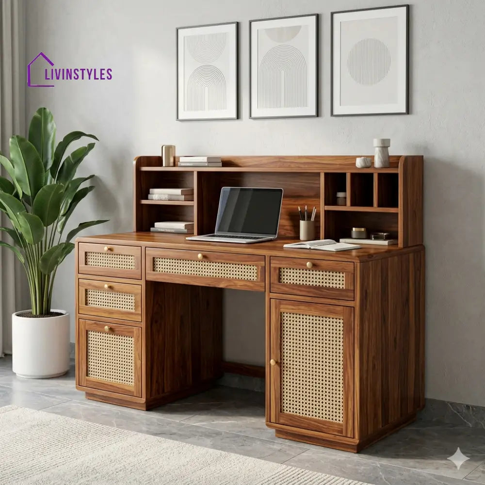 Michael Handcrafted Sheesham Wood Study Table with Cane Detailing – Premium Home Office Desk