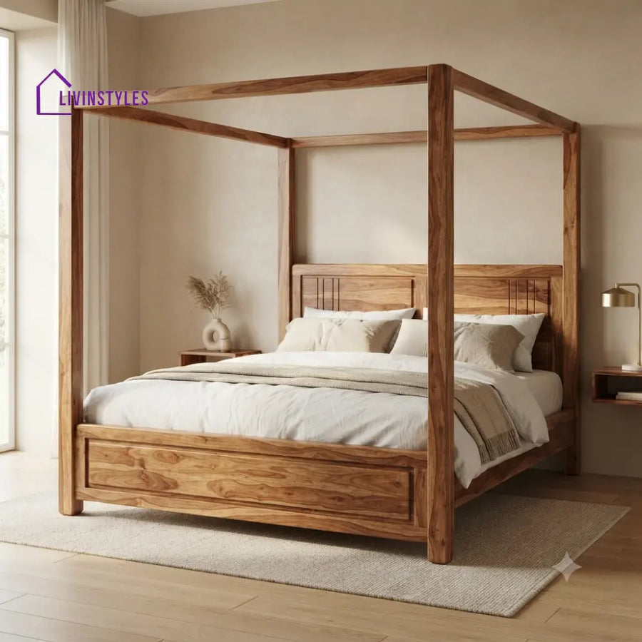 Michael Solid Sheesham Wood Poster Bed Without Storage (King Size Honey Finish)