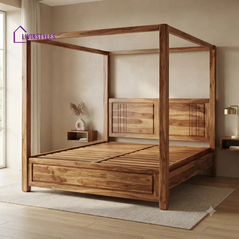 Michael Solid Sheesham Wood Poster Bed Without Storage (King Size Honey Finish)