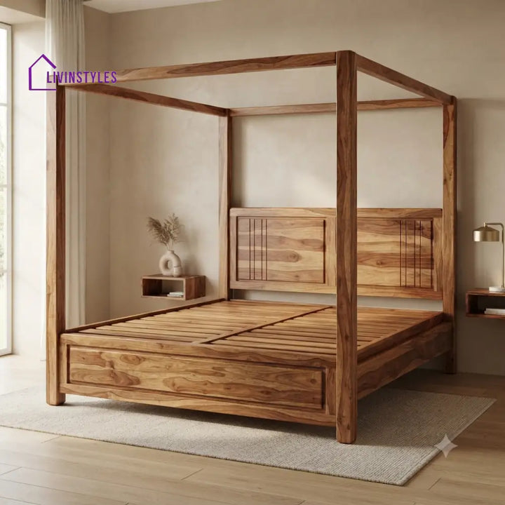 Michael Solid Sheesham Wood Poster Bed Without Storage (King Size Honey Finish)
