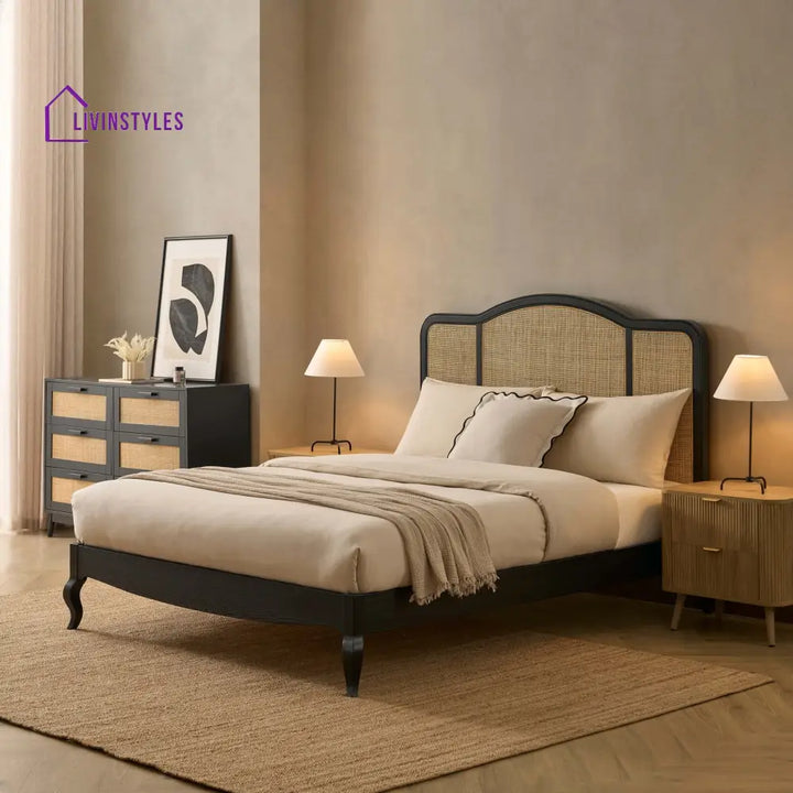 Miguel Wooden and Rattan Bed Frame - Black - Beds