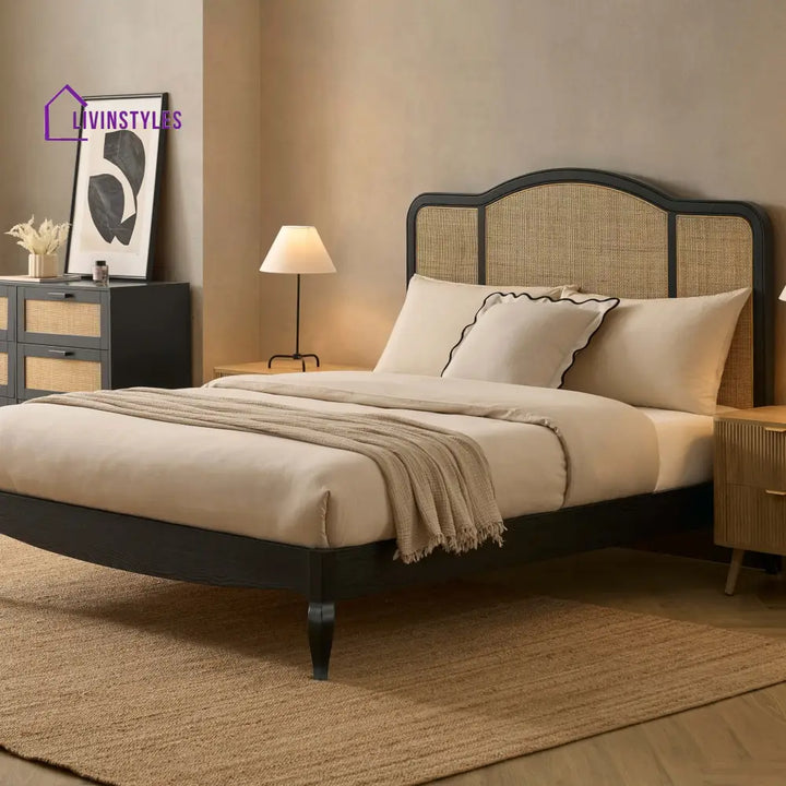 Miguel Wooden and Rattan Bed Frame - Black - Beds