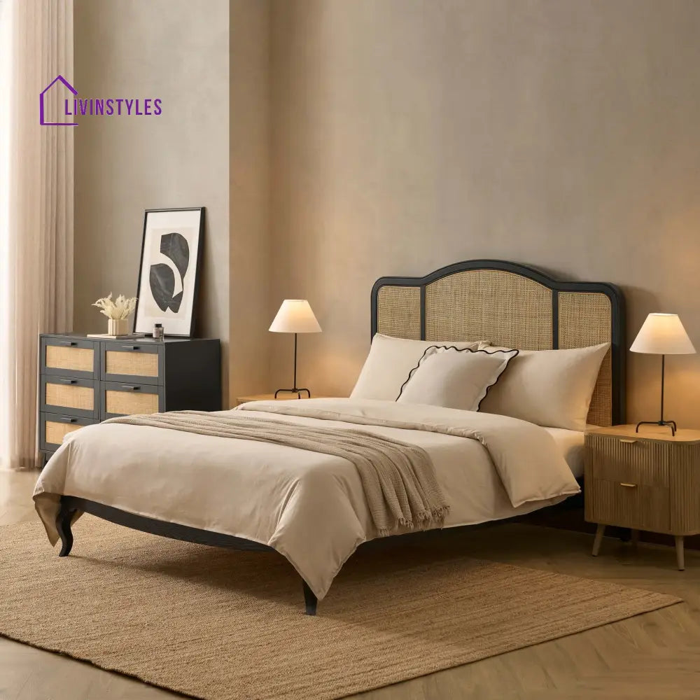 Miguel Wooden and Rattan Bed Frame - Black - Beds