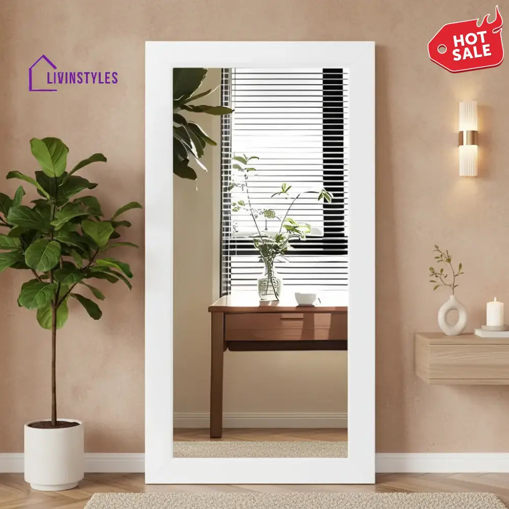 Modern Full-Length Standing Mirror with Wide White Wooden Frame - Wall Mirror