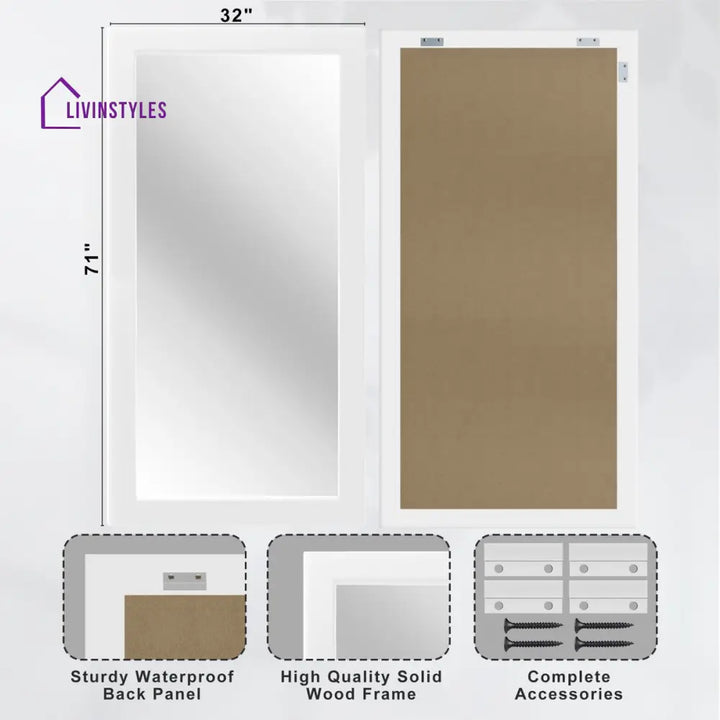 Modern Full-Length Standing Mirror with Wide White Wooden Frame - Wall Mirror