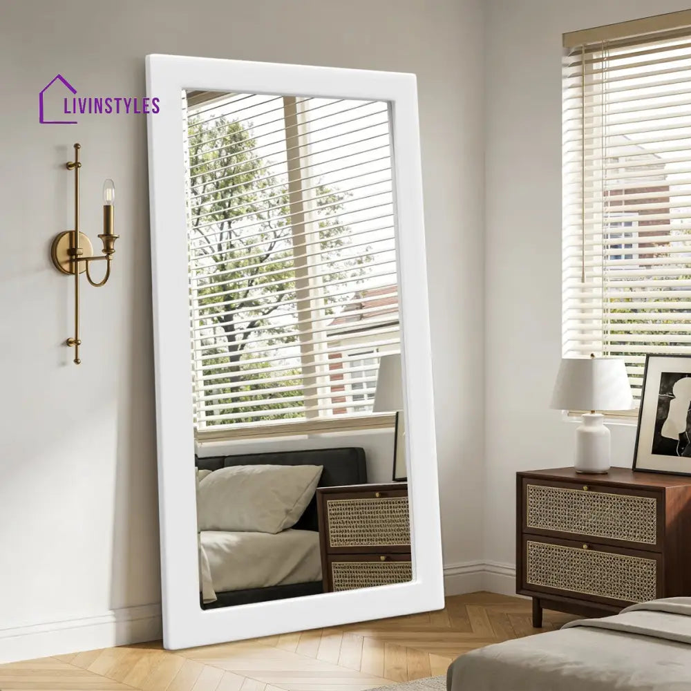 Modern Full-Length Standing Mirror with Wide White Wooden Frame - Wall Mirror