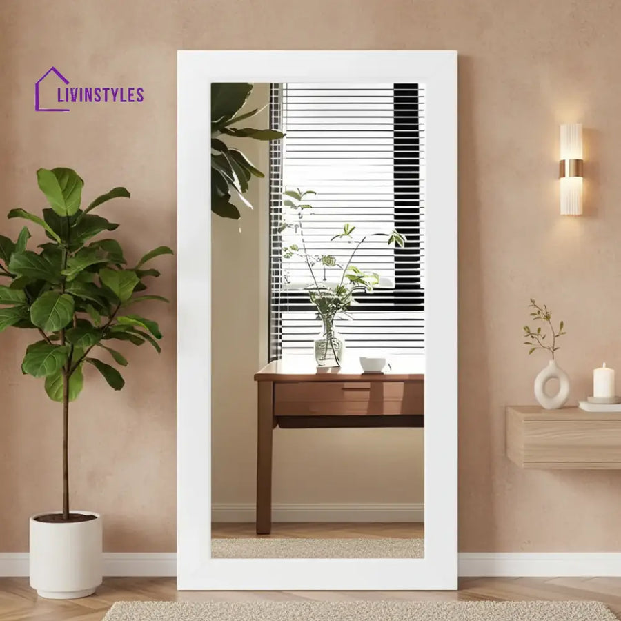 Modern Full-Length Standing Mirror with Wide White Wooden Frame - Wall Mirror