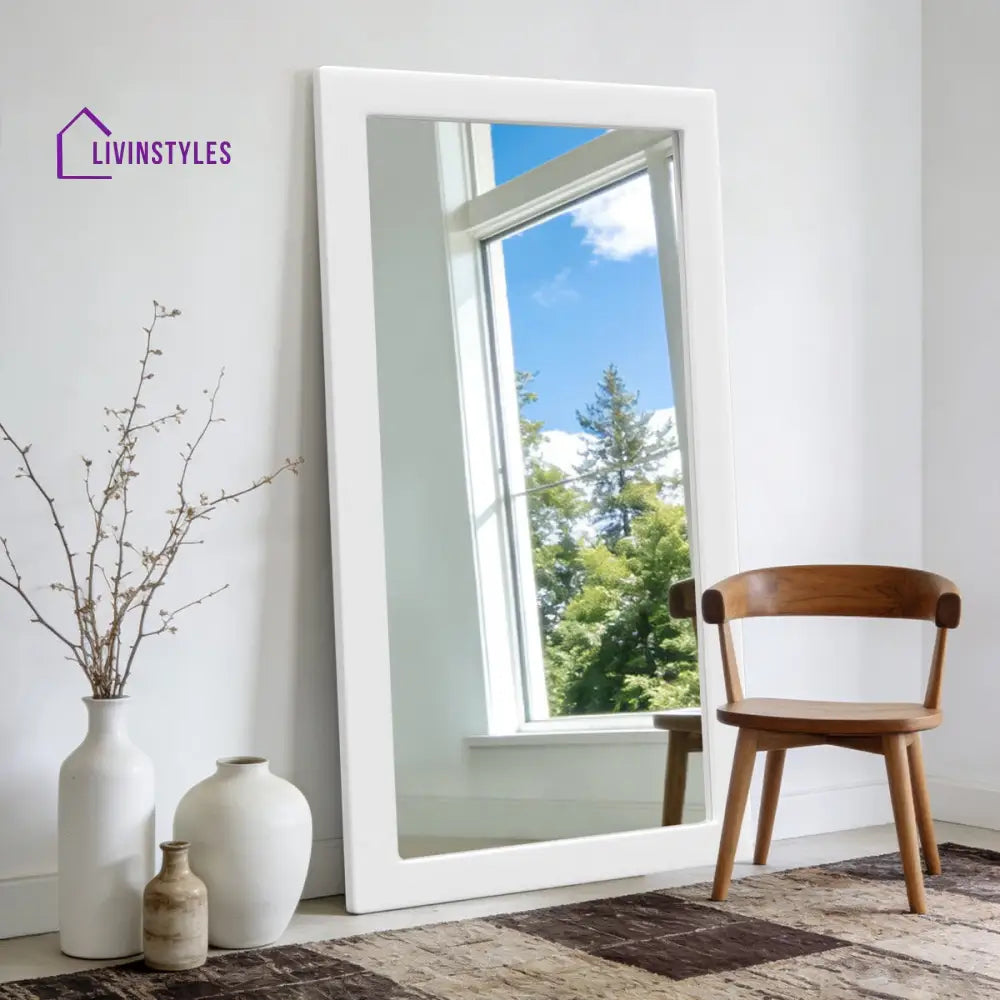 Modern Full-Length Standing Mirror with Wide White Wooden Frame - Wall Mirror