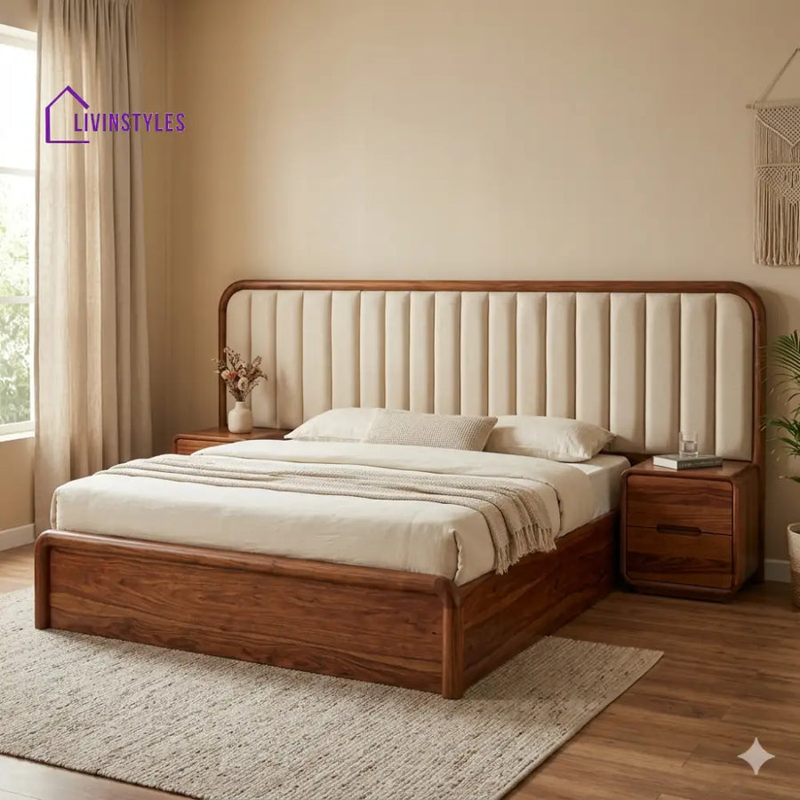 Mikhail Premium Sheesham Wood Bed with Velvet Headboard