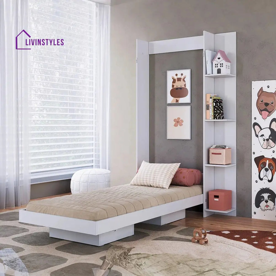Mila White Finish Wall Mounted Bed with Shelves