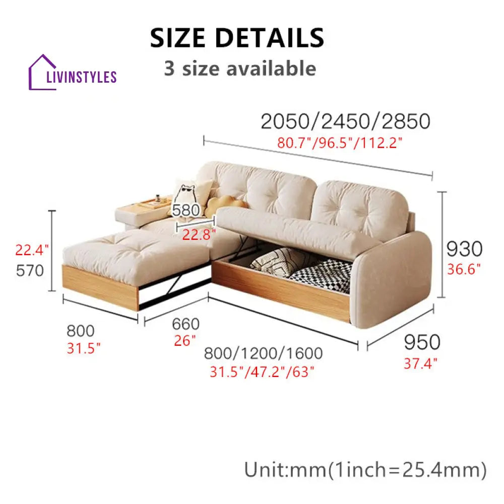 Japandi Pull Out Lounge Chaise and Sofa with Underneath Storage 2.45M-96.5INCH SOFA SET