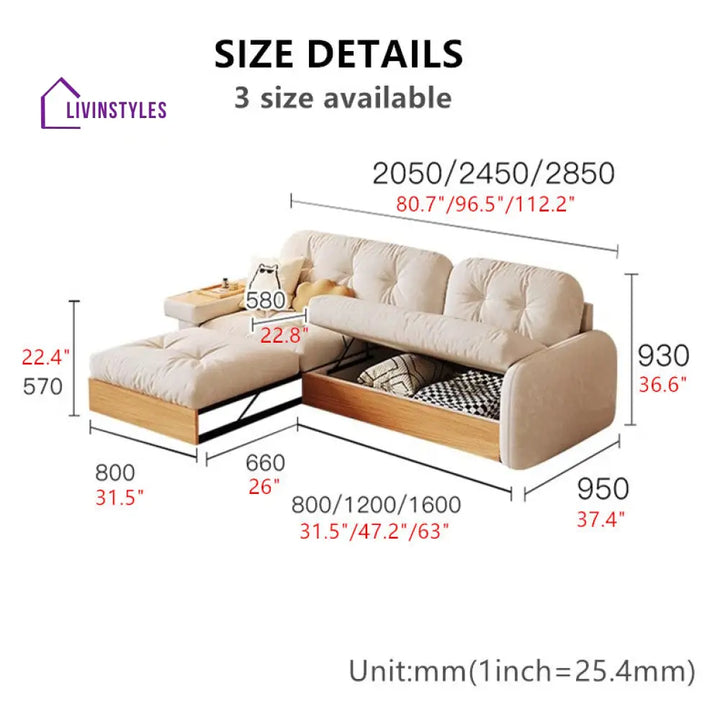 Japandi Pull Out Lounge Chaise and Sofa with Underneath Storage 2.45M-96.5INCH SOFA SET