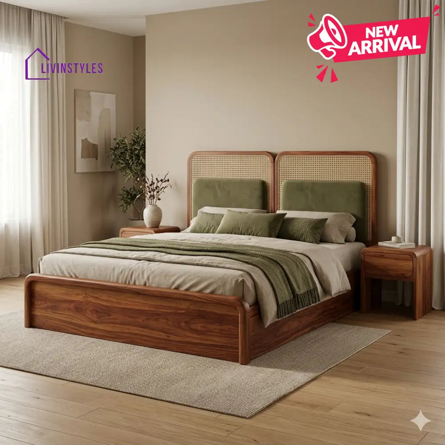 Milana Premium Sheesham Wood Bed with Velvet Headboard
