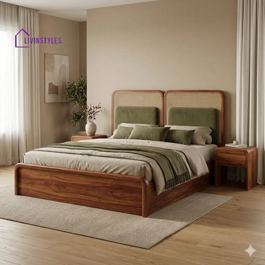 Milana Premium Sheesham Wood Bed with Velvet Headboard