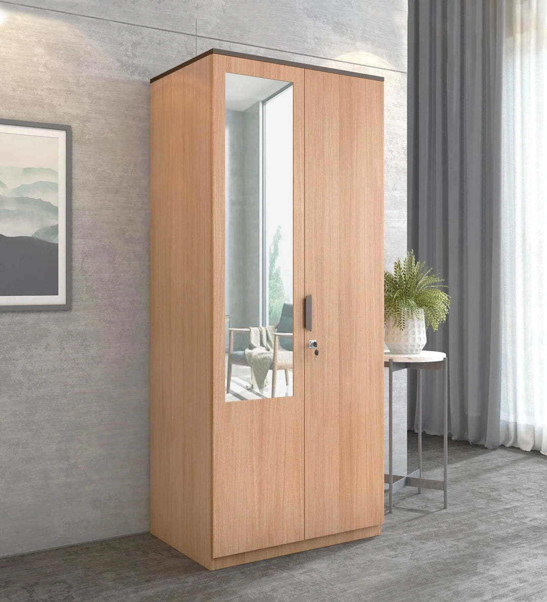 Omkarwood “Milford” Premium 2-Door Engineered Wood Wardrobe with Mirror & Drawer – Urban Teak Finish