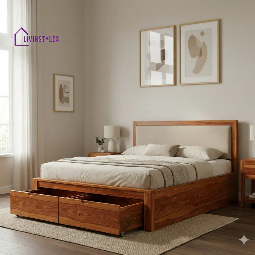 Millie Premium Sheesham Wood Bed with Fabric Headboard