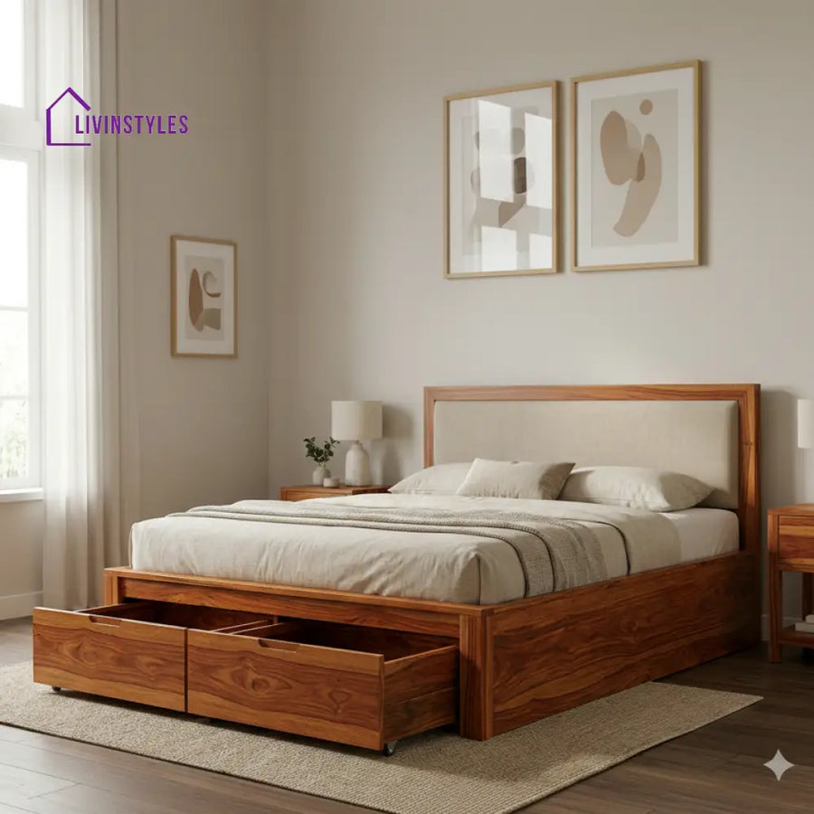 Millie Premium Sheesham Wood Bed with Fabric Headboard