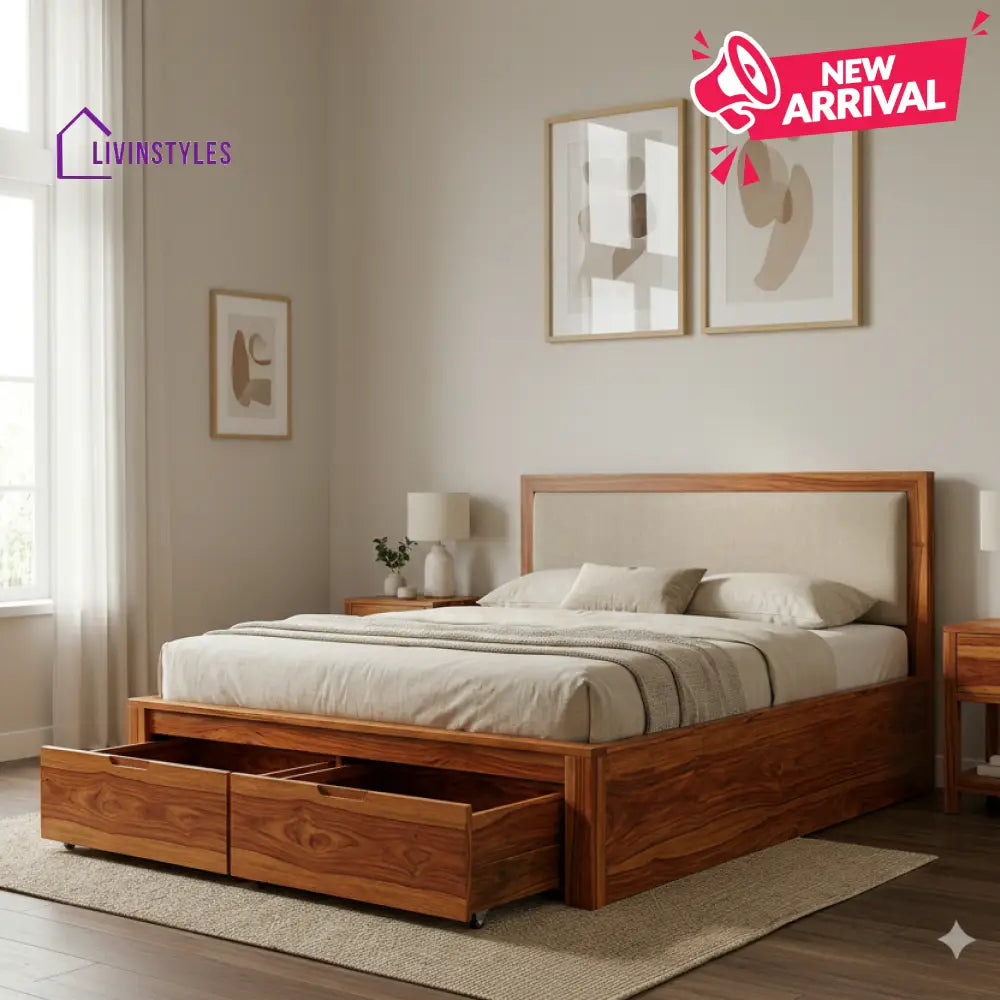 Millie Premium Sheesham Wood Bed with Fabric Headboard