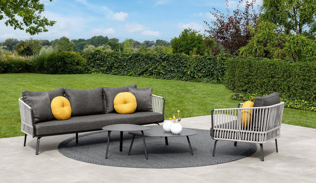 Kosta Outdoor Garden Balcony Sofa Set 2 Seater, Single seater and 2 Center Table Set, Braided & Rope (Dark Grey)