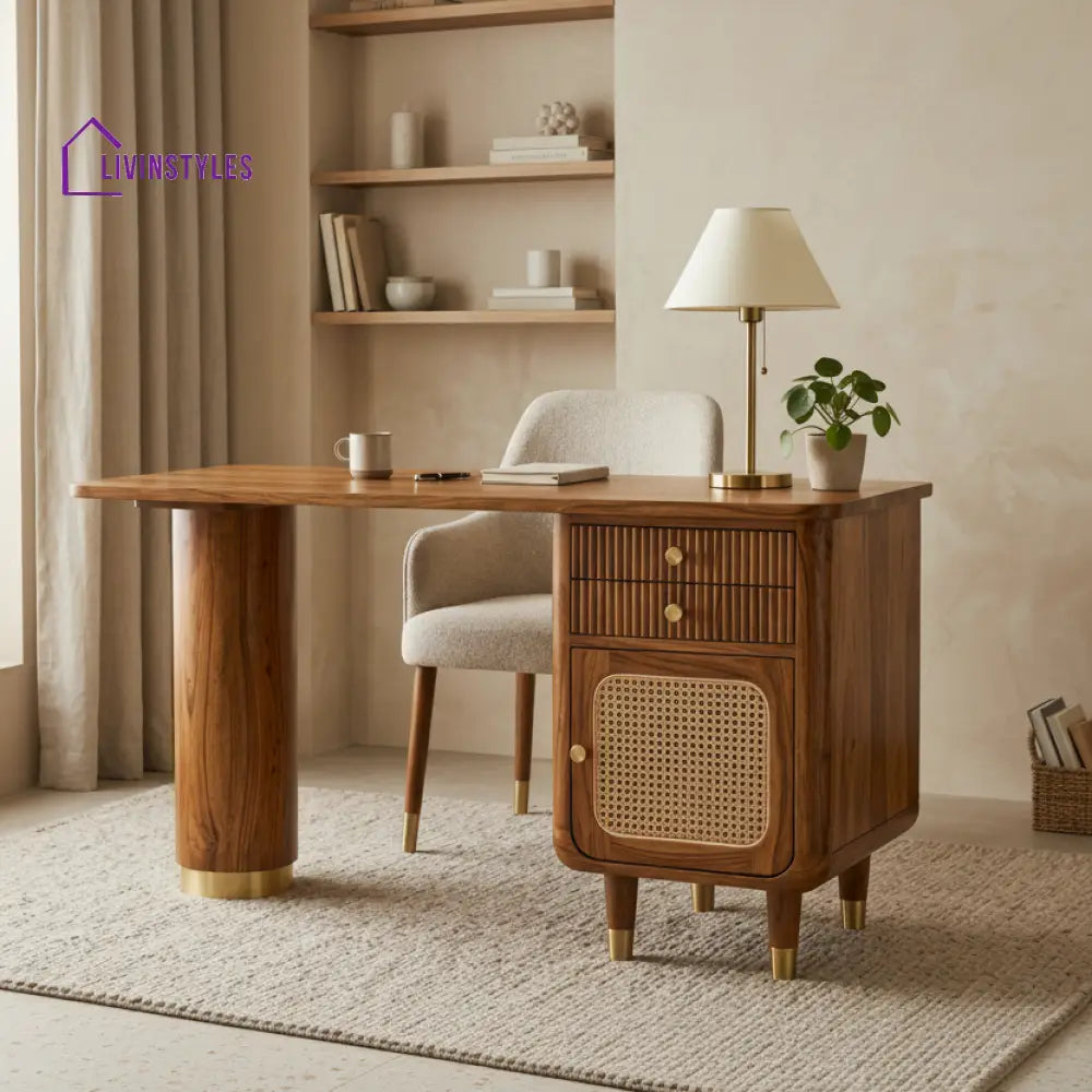 Minh Modern Designer Sheesham Wood Study Table with Cane Accents & Drawer Storage