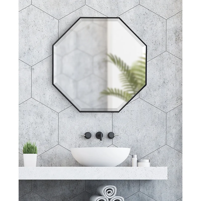 Kitty Minimalist Octagon Artistic Black Framed Metal Finish Bathroom Mirror Wall Mirror