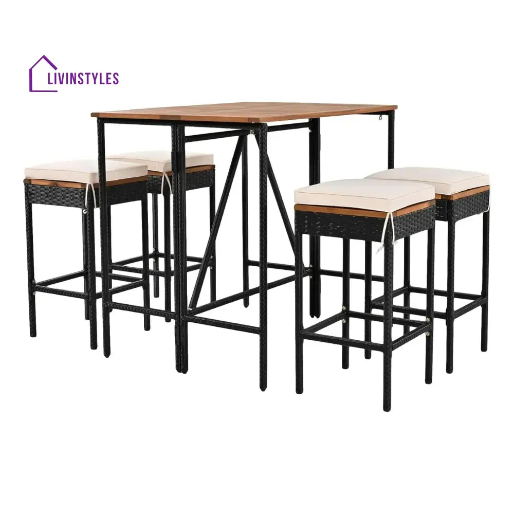Mirabelle 5-Piece Outdoor Rattan Wicker Bar Set with Wooden Top Table - Bar Set