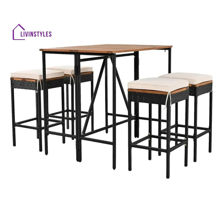 Mirabelle 5-Piece Outdoor Rattan Wicker Bar Set with Wooden Top Table - Bar Set