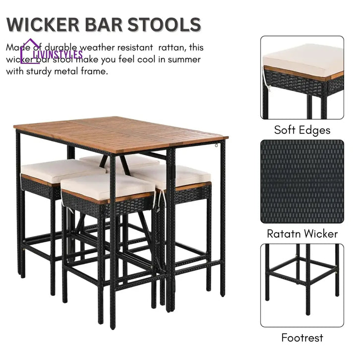 Mirabelle 5-Piece Outdoor Rattan Wicker Bar Set with Wooden Top Table - Bar Set