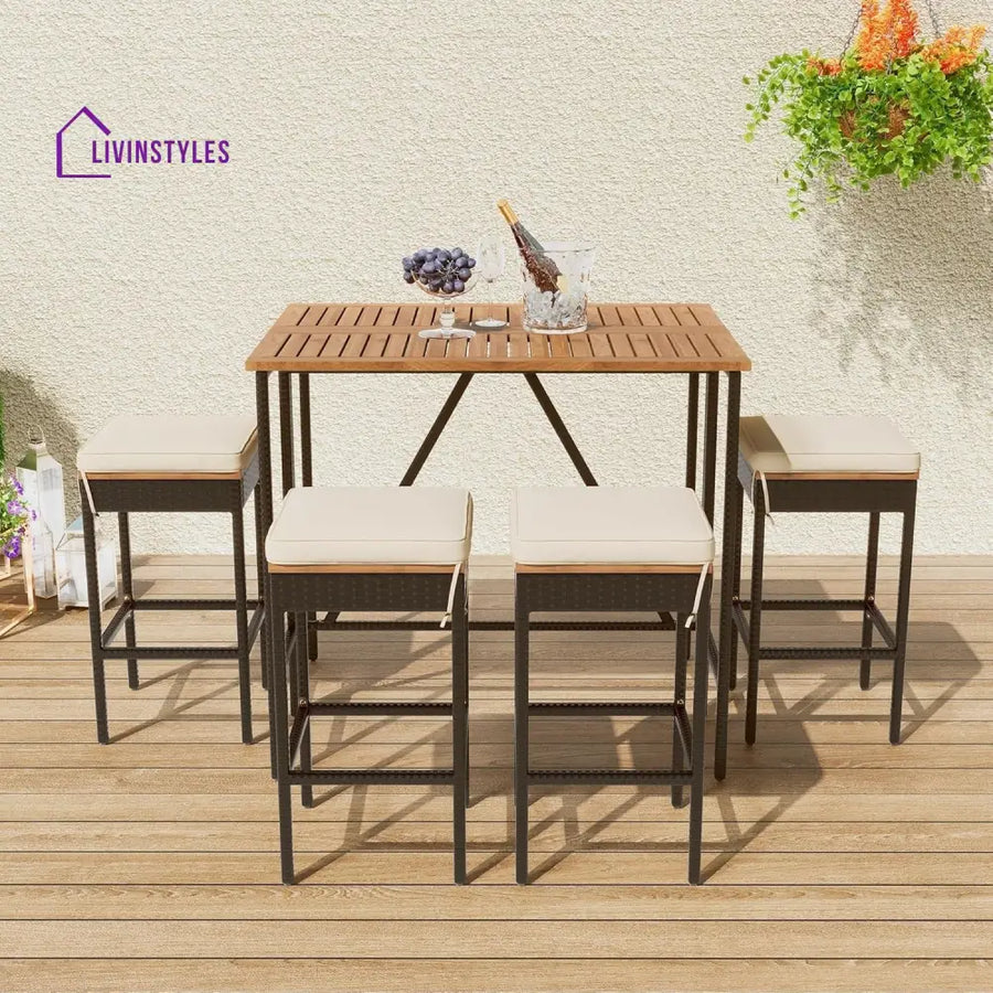 Mirabelle 5-Piece Outdoor Rattan Wicker Bar Set with Wooden Top Table - Bar Set