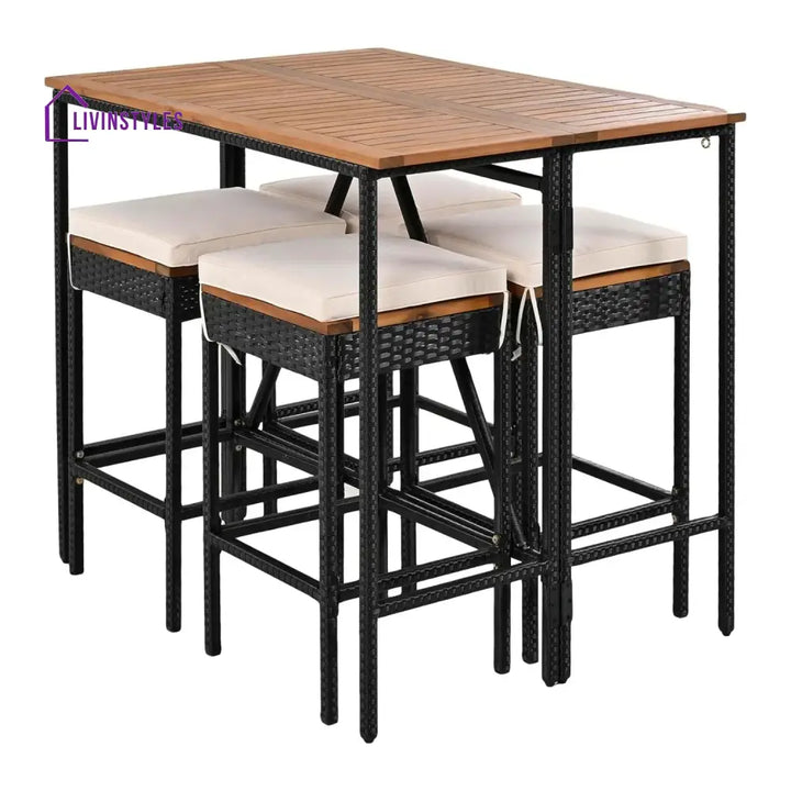 Mirabelle 5-Piece Outdoor Rattan Wicker Bar Set with Wooden Top Table - Bar Set