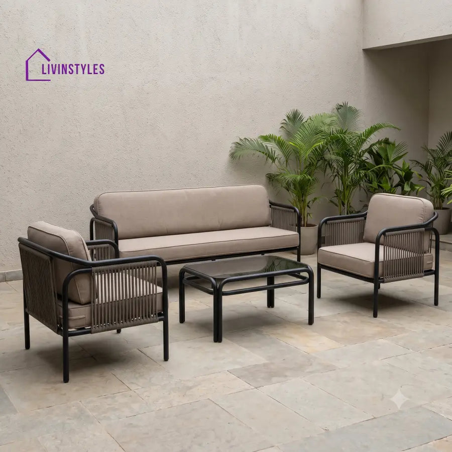 Mireille Metal Frame and Rope Weaving Outdoor Sofa Set 3 + 1 +1 and Coffee Table | Premium Uphostery