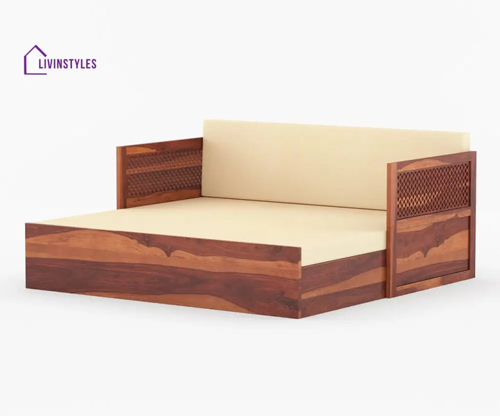 Miron Solid Wood Sheesham Diwan with Mattress | Solid Wood Sofa Come Bed (Honey Finish)