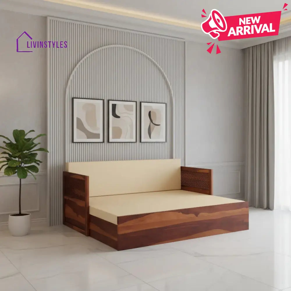Miron Solid Wood Sheesham Diwan with Mattress | Solid Wood Sofa Come Bed (Honey Finish)
