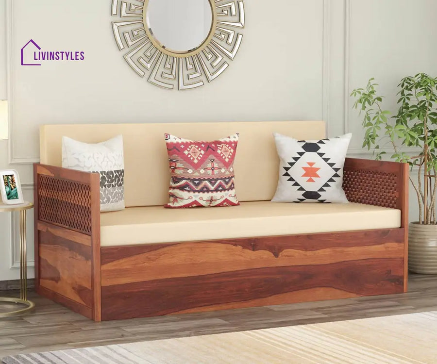 Miron Solid Wood Sheesham Diwan with Mattress | Solid Wood Sofa Come Bed (Honey Finish)