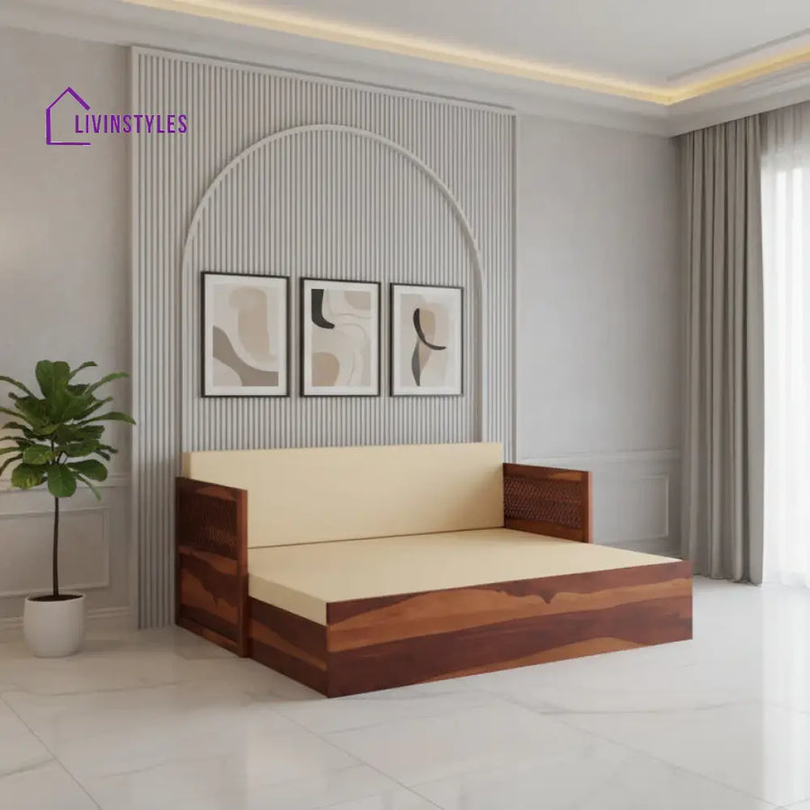Miron Solid Wood Sheesham Diwan with Mattress | Solid Wood Sofa Come Bed (Honey Finish)