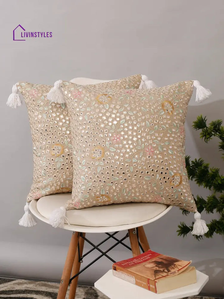 Mirror Work Cushion Cover Set Of 2 (16X16 Inch)