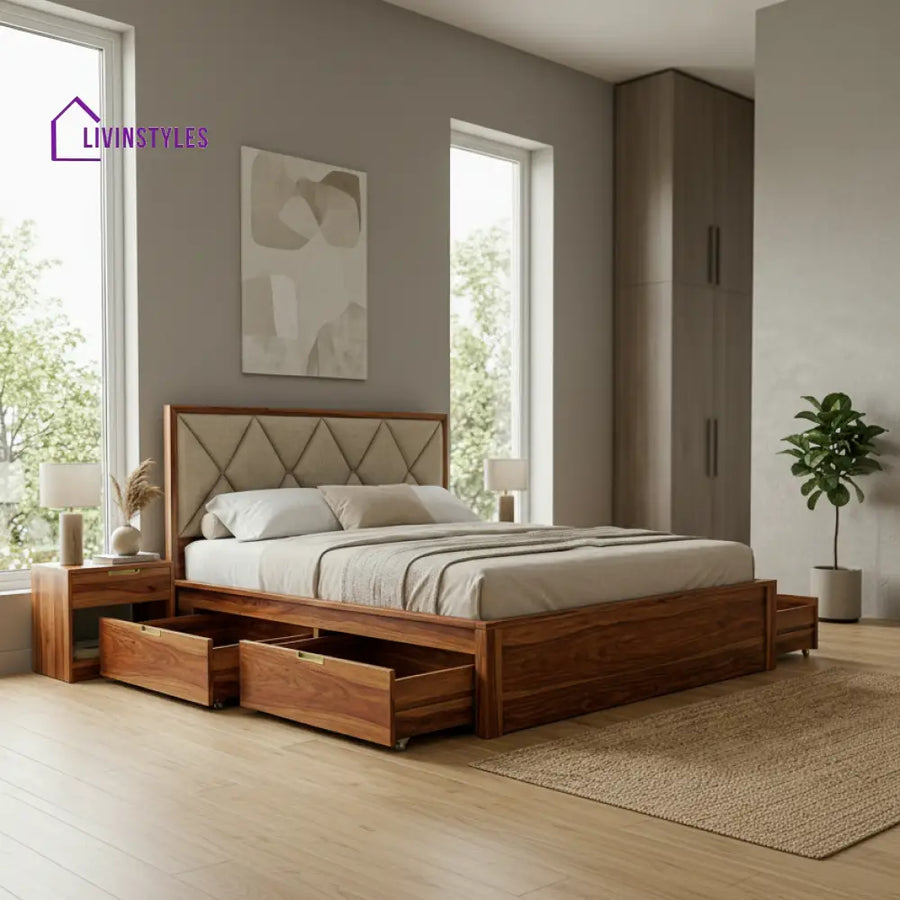 Mitchell Premium Sheesham Wood Bed with Fabric Headboard