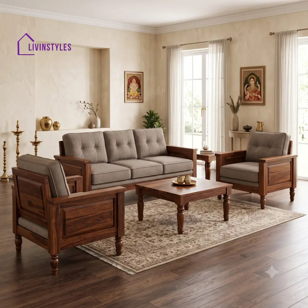 Mithra Wooden Sofa Set | 3 + 1 + 1 Sheesham Wood Sofa Set for Living Room