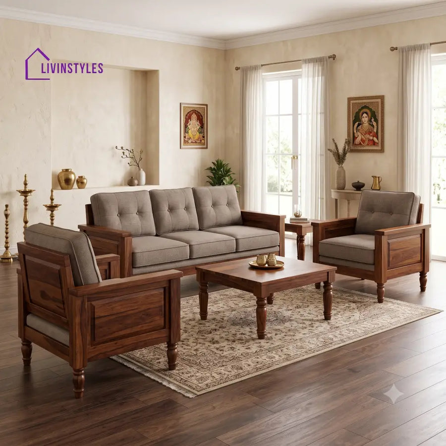 Mithra Wooden Sofa Set | 3 + 1 + 1 Sheesham Wood Sofa Set for Living Room