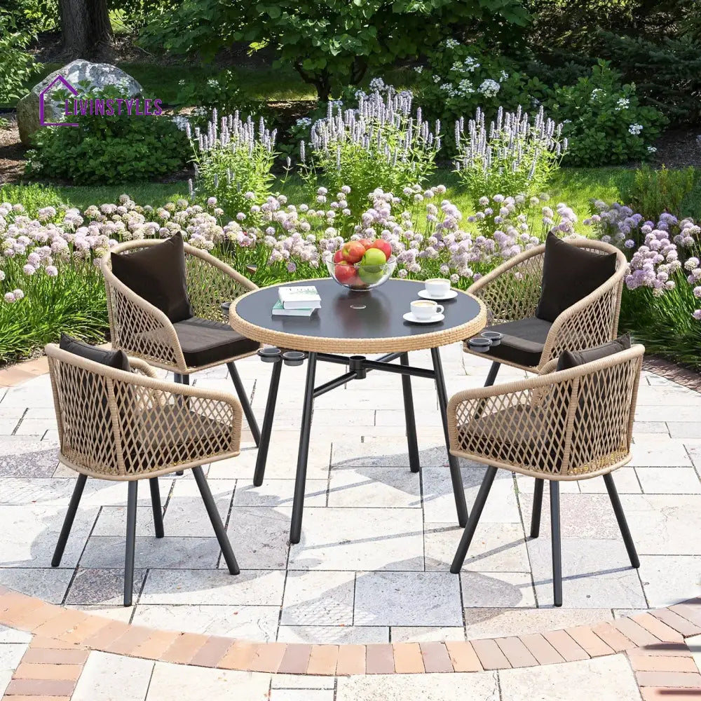 Mitra Outdoor Patio Seating Set 4 Chairs And 1 Table (Tan + Black) Coffee Sets